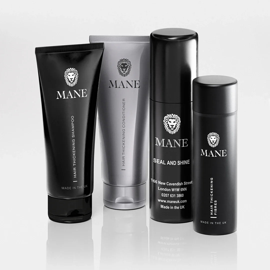 Mane Hair Thickening Fibres Travel Pack (15g Fibres, 100ml Seal & Shine, Shampoo, Conditioner + Hairline Enhancer)